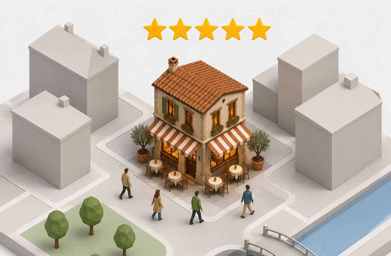 Illustriertes Stadtviertel mit einem lokalen Restaurant, über dem fünf goldene Sterne schweben.